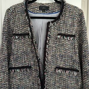 J Crew Black & Multi Tweed Fringe Blazer - Size 18